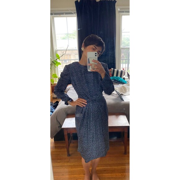 Vintage 80s does 40s Silk dress, polka dots gathered front No6, minimalist, Sz8 - Picture 7 of 7